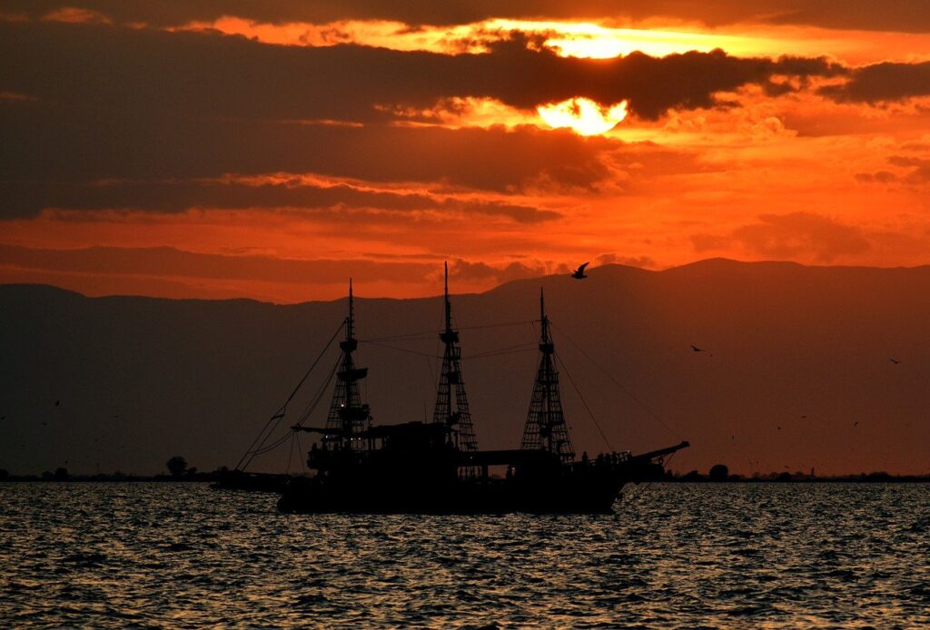sunset, ship, silhouette